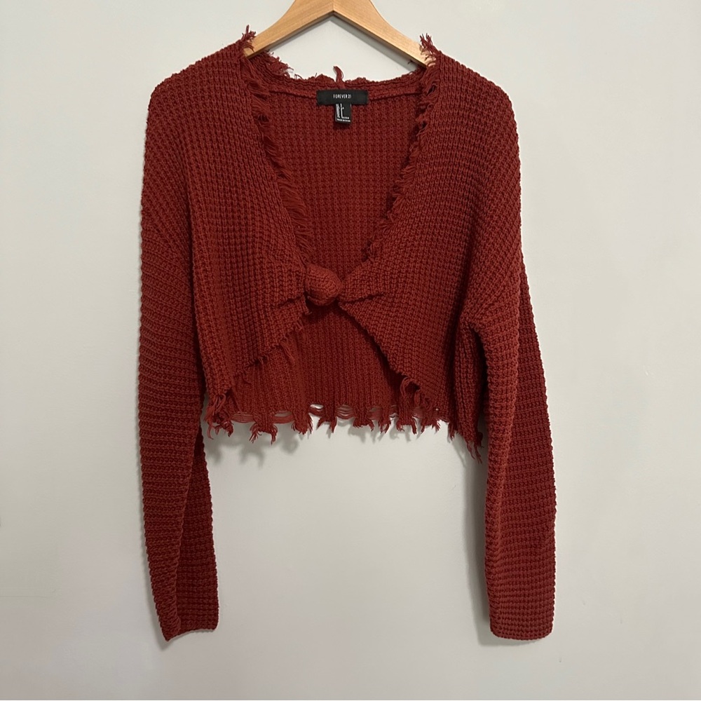 Forever 21 Knotted Fringe Crop Knit Sweater Rust Red Size Small